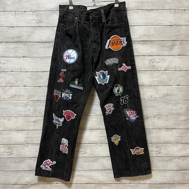 【NBA USリメイク】レイカーズ　パッカーズ　デニム　刺繍ワッペンワイドパンツ