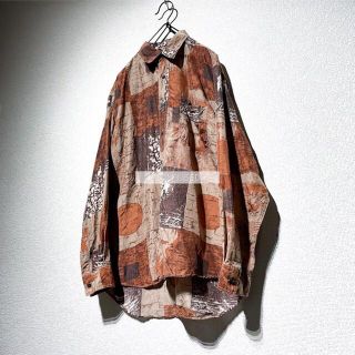 M 個性的 オレンジブラウン シルク 総柄シャツ 古着 ガラシャツ 奇抜(シャツ)