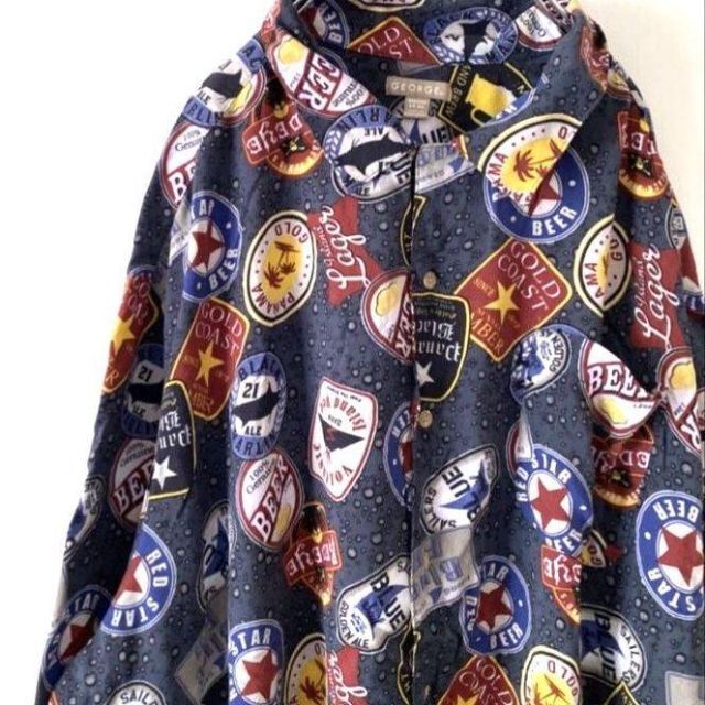 GEORGE ラベル ロゴ 総柄 アロハシャツ レーヨン 3XL グレー灰色古着 メンズのトップス(シャツ)の商品写真