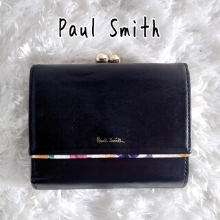 ポールスミス レザー 三つ折り財布 がま口 花柄 総柄 金ロゴ ブラック 黒