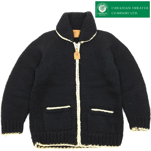 生産国カナダ希少無地◆CANADIAN SWEATER◆カナダ製カウチンセーター黒単色メンズ