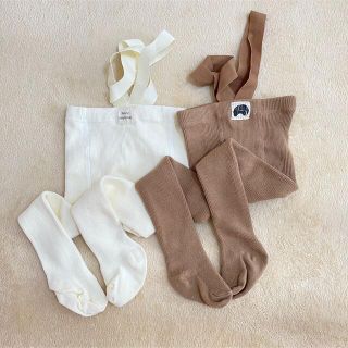 ベビーギャップ(babyGAP)のベビータイツ 白ブラウン サスペンダー付きタイツ ブレース付タイツ(靴下/タイツ)