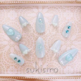 【現品】♡No.5♡オーロラお花水色ネイルチップ