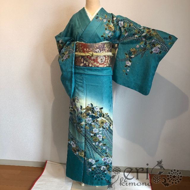 【逸品♡落款あり！辻が花】エメナルドグリーンの訪問着 レディースの水着/浴衣(着物)の商品写真