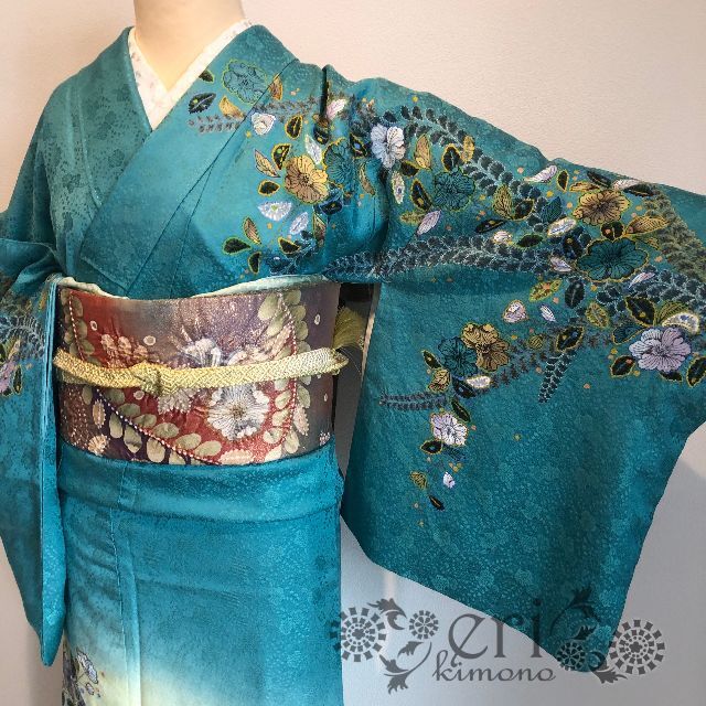 逸品♡落款あり!辻が花】エメナルドグリーンの訪問着 逸品♡落款あり!辻が花】エメナルドグリーンの訪問着