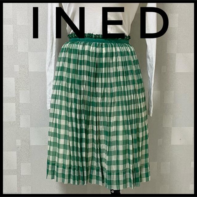 INED(イネド)のINEDイネド　チェックプリーツスカート　ホワイト×グリーン　7号 レディースのスカート(ひざ丈スカート)の商品写真