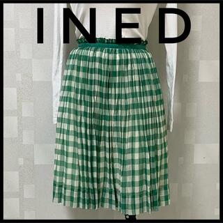 イネド(INED)のINEDイネド　チェックプリーツスカート　ホワイト×グリーン　7号(ひざ丈スカート)