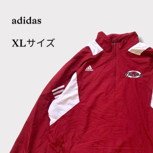 【90s希少デザイン】アディダス　背面デカロゴナイロンジャケット　赤　刺繍フード