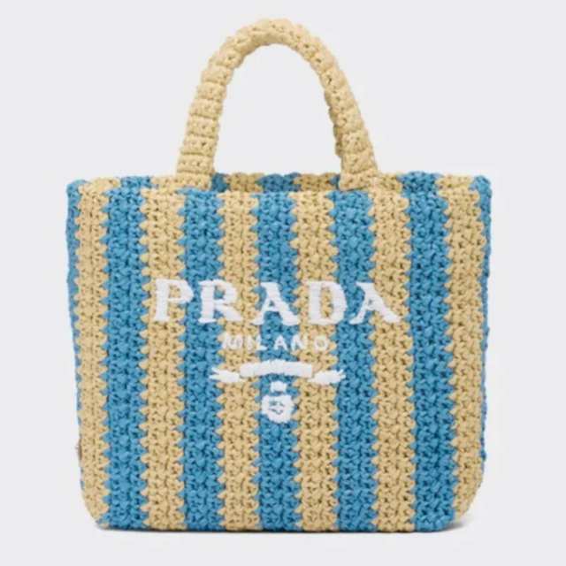 PRADA - PRADA ラフィア トートバッグ  スモール ブルー　ストライプ　水色