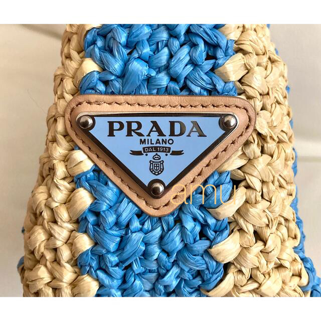 PRADA ラフィア トートバッグ スモール ブルー　ストライプ　水色