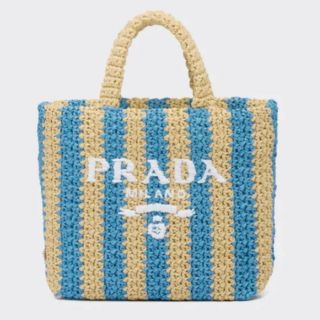 プラダ(PRADA)のPRADA ラフィア トートバッグ  スモール ブルー　ストライプ　水色(トートバッグ)