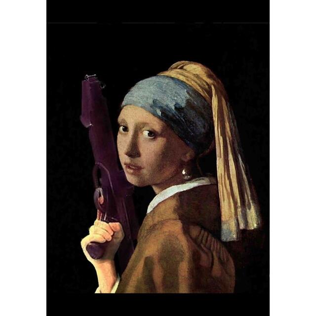 新品 フェルメール 真珠の首飾りの少女 ピストル 銃口 絵画 パロディ ロンT