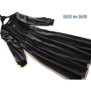 オリーブデオリーブ(OLIVEdesOLIVE)の新品OLIVEdesOLIVE 異素材ドッキングシャーリング袖ワンピース/BK(ロングワンピース/マキシワンピース)