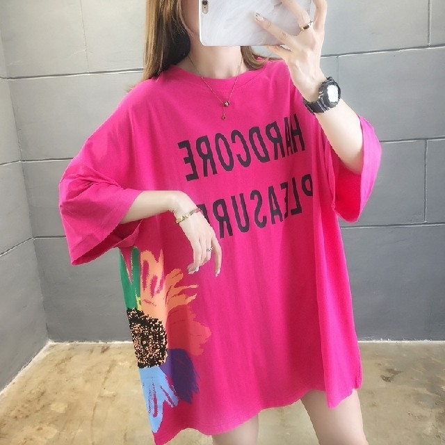 ☆新品タグ付き 韓国ファッション日本企画 ロング、チュニック ピンク LL−4L レディースのトップス(Tシャツ(半袖/袖なし))の商品写真