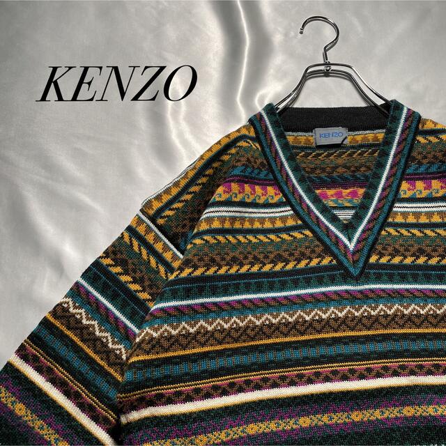 希少 古着 KENZO ケンゾー Vネック 総柄ニット ネイティブ ボーダー