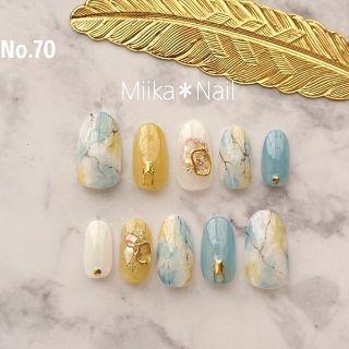 No.70 マスタード×くすみブルー ニュアンスネイル♡﻿サイズオーダー可