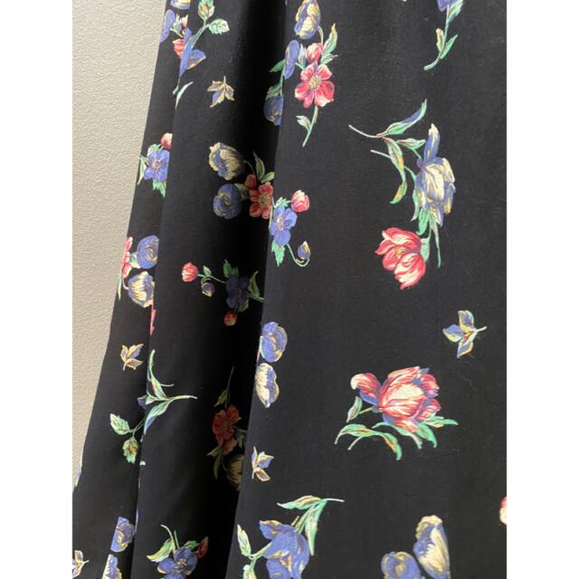ビンテージ 80s 花柄 黒 フラワー レーヨン ロング スカート 美品レディース
