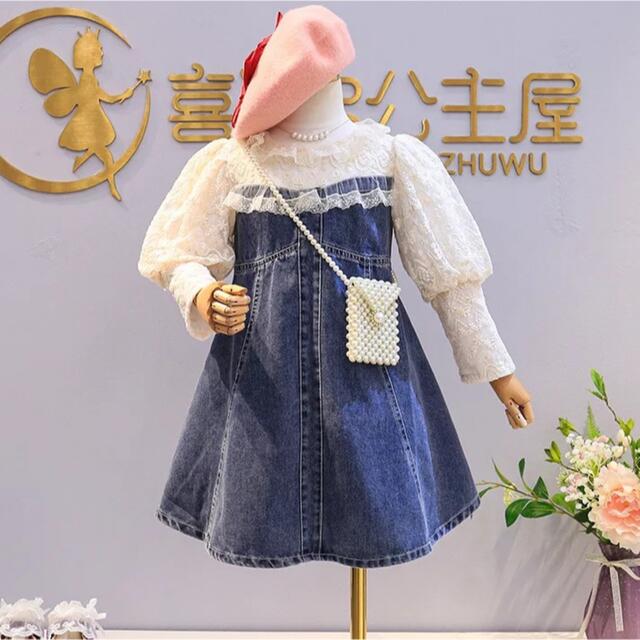 フリル レース デニムワンピース キッズ/ベビー/マタニティのキッズ服女の子用(90cm~)(ワンピース)の商品写真