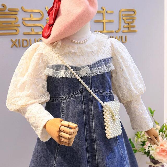 フリル レース デニムワンピース キッズ/ベビー/マタニティのキッズ服女の子用(90cm~)(ワンピース)の商品写真