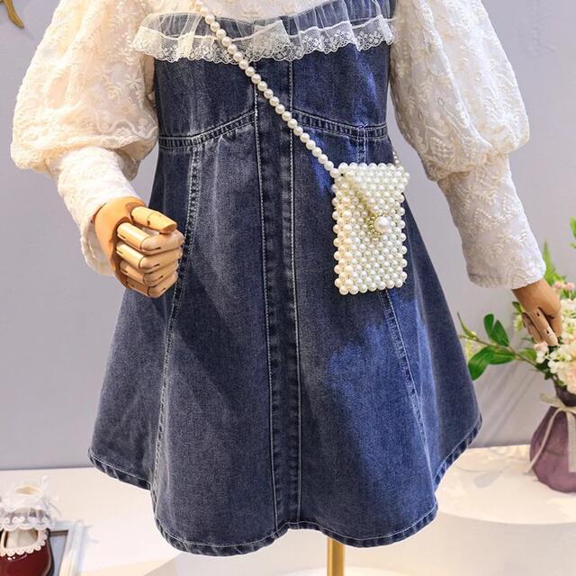 フリル レース デニムワンピース キッズ/ベビー/マタニティのキッズ服女の子用(90cm~)(ワンピース)の商品写真