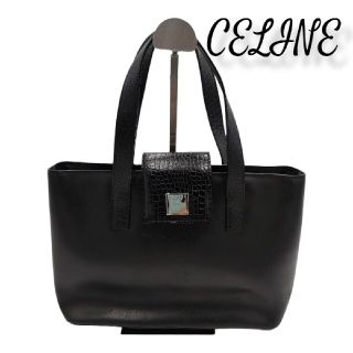 セリーヌ(celine)のCELINE セリーヌ レザー トートバッグ クロコ ロゴプレート ブラック(トートバッグ)