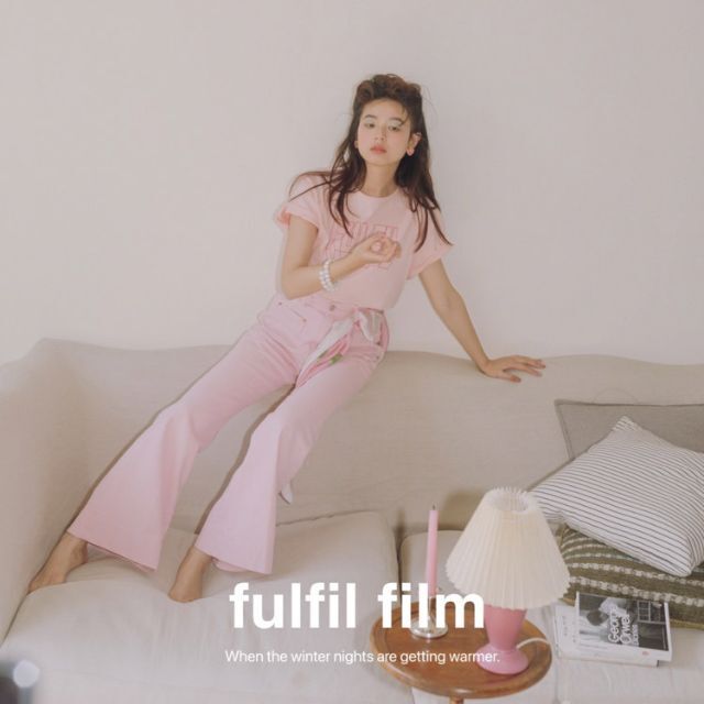 FulfilForU カラー ハイウエストフレアフィットデニム パンツ