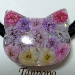 ヘアゴム ハンドメイド レジン☆ かすみ草 猫ちゃん 紫( ピンク)系★(ヘアアクセサリー)