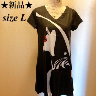 ★新品★ブラック地女性横顔★個性派ワンピース★size L(ひざ丈ワンピース)