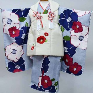 七五三 三歳 女児 被布着物フルセット 椿 花刺繍 すみれ NO37099(和服/着物)