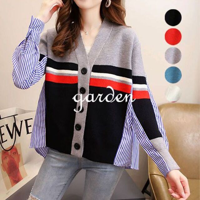 異素材ストライプx無地シャツ・トップス pJzNWBb9sT