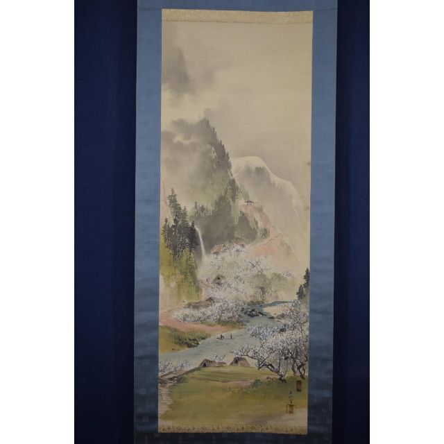 贈呈 服部石仙 梅花山村図 春景山水小舟図 掛軸 宝船 Z-453 tdh
