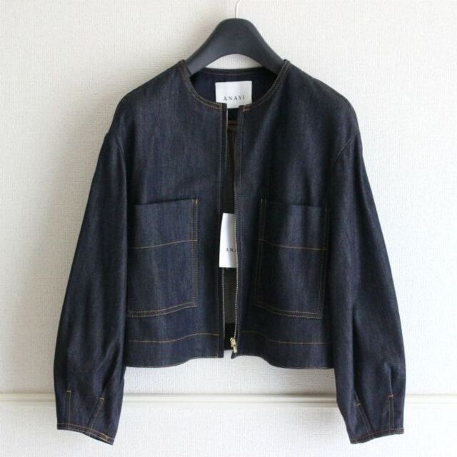 特価 ANAYI デニムライク ボリュームスリーブ ジャケット ノーカラー