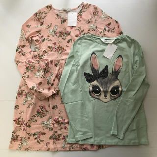 エイチアンドエム(H&M)の新品✨135 可愛いアニマル柄ワンピース&ロンt2点セットH&M(Tシャツ/カットソー)