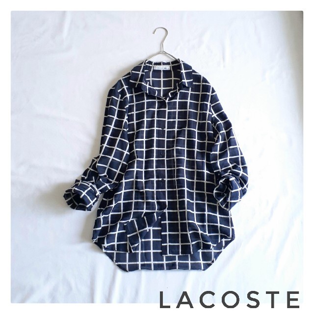 美品 LACOSTE ラコステ 格子柄シアーシャツ チェックシャツ ネイビー