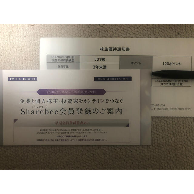 ミルボン(ミルボン)の株主優待　ミルボン　120ポイントはがき1枚 チケットの優待券/割引券(ショッピング)の商品写真