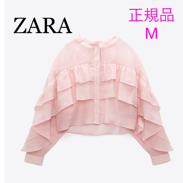 ZARA ピンク フリル ブラウス 新品 シアー  M フリルロマンティックシャツ/ブラウス(長袖/七分)