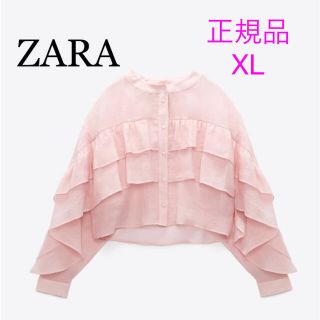 ザラ(ZARA)のZARA ピンク フリル ブラウス 新品 シアー  XL フリルロマンティック (シャツ/ブラウス(長袖/七分))