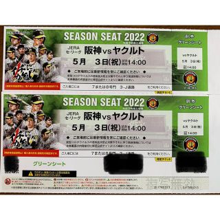 ハンシンタイガース(阪神タイガース)の5月3日　甲子園　阪神vs 広島　グリーンシート　通路側2席(野球)