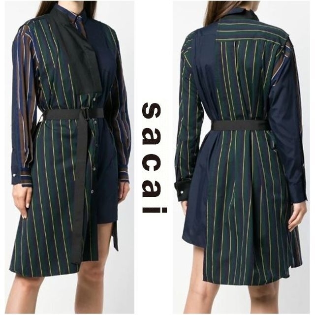 sacai - サカイ sacai ストライプシャツドレス グリーン/ネイビーの sacai - サカイ sacai ストライプシャツドレス グリーン/ネイビーの