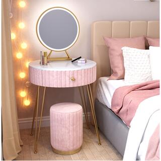 女性大人気　ピンク　可愛い　円型オシャレドレッサー　LED三段ミラー　椅子セット(ドレッサー/鏡台)