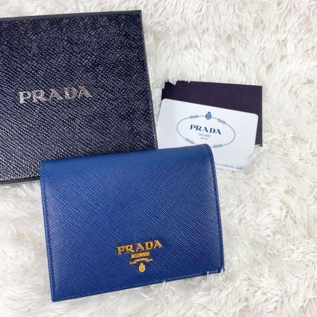 はるちゃん様 箱付き✨PRADA サフィアーノレザー 折り財布 ブルー ロゴ