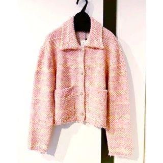 ザラ(ZARA)のZARA ツイードジャケット カーディガン ピンク チェック ビジュー 未使用(カーディガン)