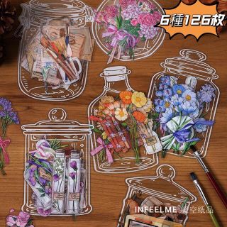 人気 詩酒花夢茶シリーズ　海外ステッカーPETシール　コラージュ素材6種126枚(テープ/マスキングテープ)