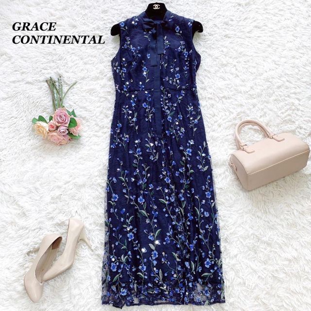 GRACE CONTINENTAL(グレースコンチネンタル)の希少♡グレースコンチネンタル　フラワースパンコール刺繍ワンピース　花柄　38 レディースのワンピース(ロングワンピース/マキシワンピース)の商品写真