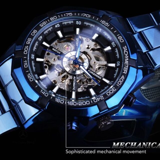 新品 送料無料 3D フルスケルトン 自動巻き 機械式 メンズ 腕時計 ブルー  メンズの時計(腕時計(アナログ))の商品写真