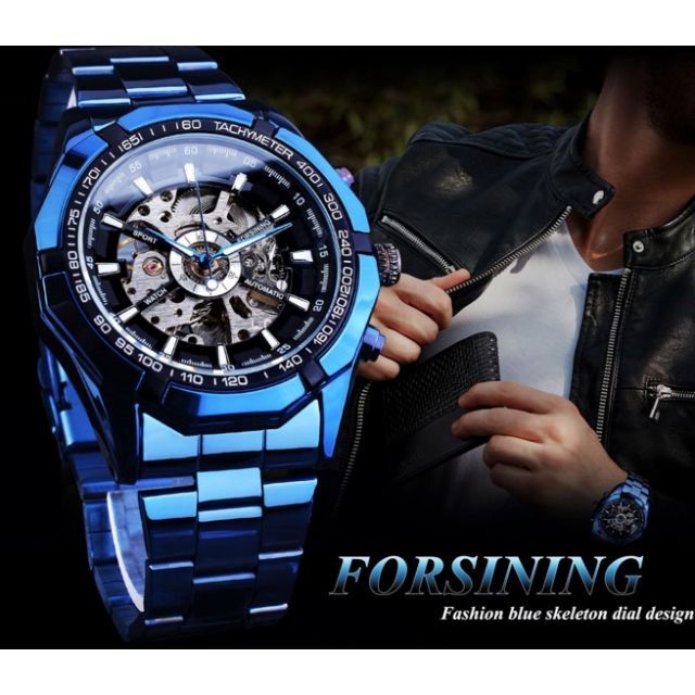新品 送料無料 3D フルスケルトン 自動巻き 機械式 メンズ 腕時計 ブルー  メンズの時計(腕時計(アナログ))の商品写真
