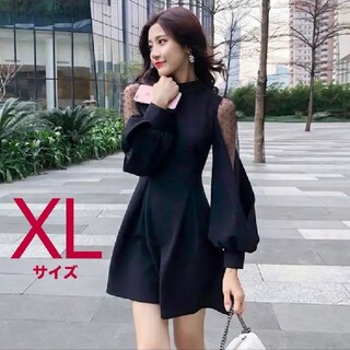 ワンピース 黒 ミニドレス XL バルーンスリーブ バックリボン 韓国 ブラック(ミニワンピース)