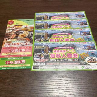 城島高原パーク無料入園券4枚+グルメクーポン(遊園地/テーマパーク)