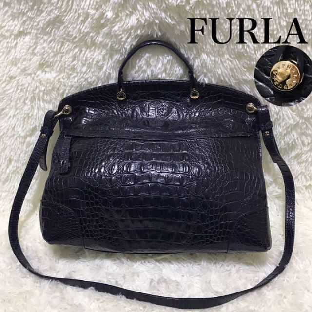 バッグ✨美品✨FURLA パイパーL  クロコ型押し 2way レザー ロゴ　ネイビー