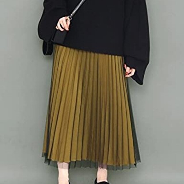 KBF(ケービーエフ)のKBF ❣ スカート チュール イエロー 黄色 黒 ブラック プリーツ ミモレ丈 レディースのスカート(ロングスカート)の商品写真